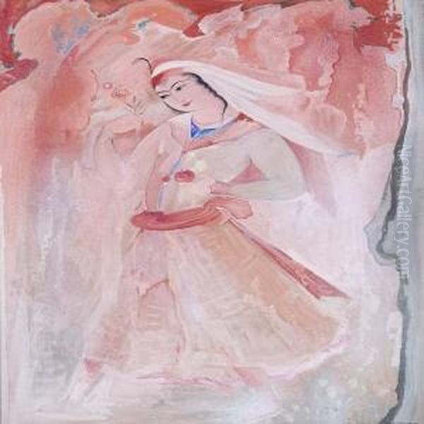 A Persian Woman With An Apple 
And A Rose, Presumably After Afresco In The Palais D'ali Kapou In 
Isfahan Oil Painting by Sarkis Katchadourian