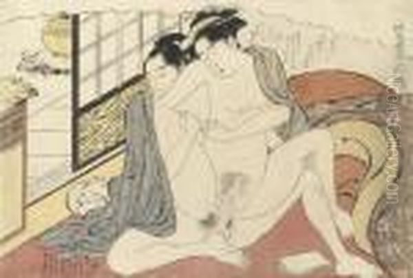 A Woman Mounts Her Younger 
Lover, While Touching Her Nipple, From The Series Koshoku Zue Juniko 
(erotic Prints For The Twelve Months) Oil Painting by Katsukawa Shuncho