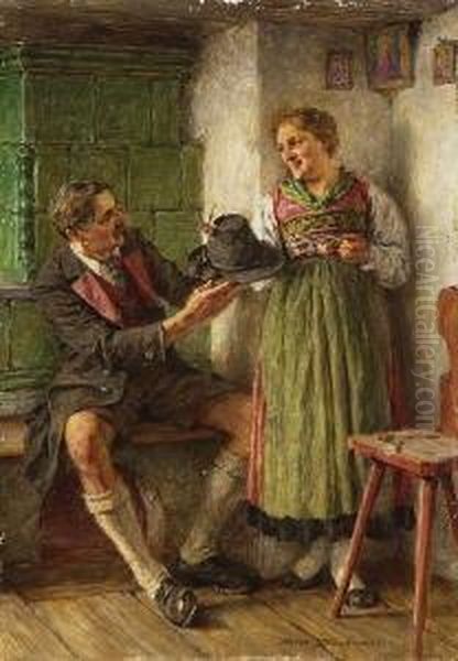 Dirndl Und Bursch In Der
 Stube. Oil Painting by Hermann Ii Kauffmann