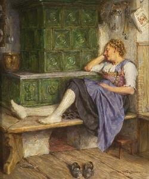 Schlafende Magd Auf Der
 Ofenbank. Oil Painting by Hermann Ii Kauffmann