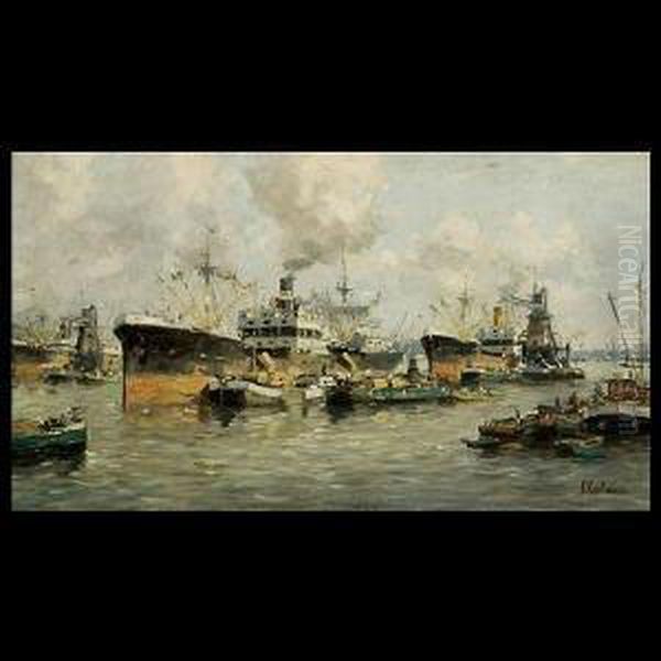 Kaufman.californian . View Of A 
Busy Port. Oil On Canvas. 10 X17 3/4 Inches. Signed Lower Right: F. 
Kaufman Oil Painting by Ferdinand Kaufmann