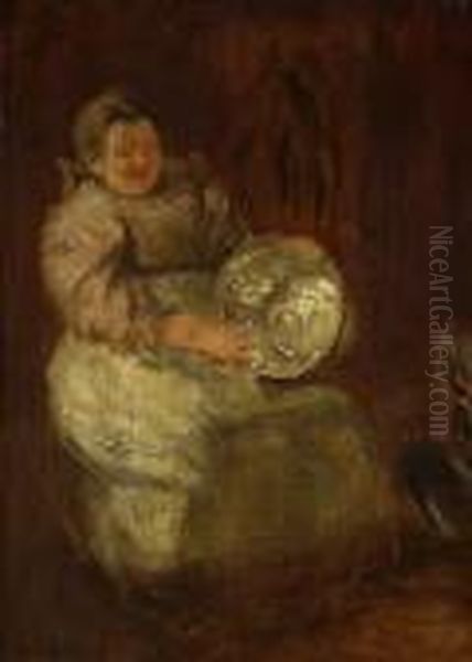 Magd Beim Polieren Einer
 Messingschussel. Oil Painting by Hermann Kaulbach