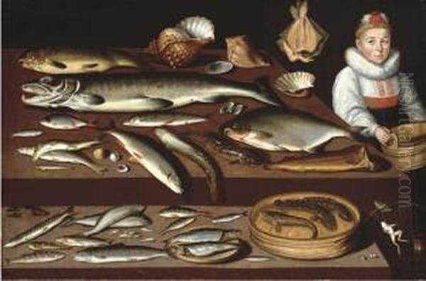 A Table Laden With A Salmon, 
Cod, A Blond Ray, Pike, Herring And Other Fish And Shells With A Girl 
Holding A Wooden Pail Oil Painting by Albrecht Kauw
