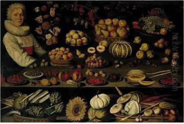 Still Life Of A Young Woman 
Sitting With A Vase Of Flowers Next To A Table Laden With Fruit, 
Vegetables And Nuts Oil Painting by Albrecht Kauw