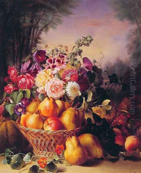 Still Life of Flowers and Fruits Oil Painting by Eugene-Adolphe Chevalier