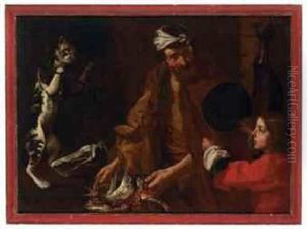 A Fishmonger With A Boy And A Cat Weighing Ham Oil Painting by Bernhard Keil, Monsu Bernardo