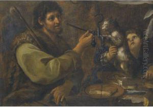 A Shepherd Weighing A Slice Of Ham, Beside A Cat And A Youngboy Oil Painting by Bernhard Keil, Monsu Bernardo