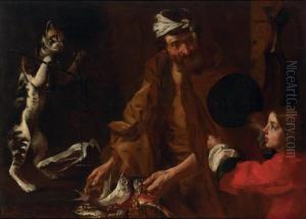 Fishmonger, A Boy And A Cat Weighing Ham Oil Painting by Bernhard Keil, Monsu Bernardo