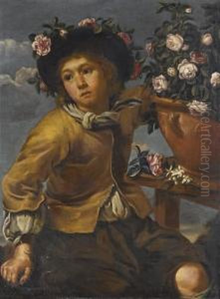 Ragazzo Presso Un Vaso Di Rose Oil Painting by Bernhard Keil, Monsu Bernardo