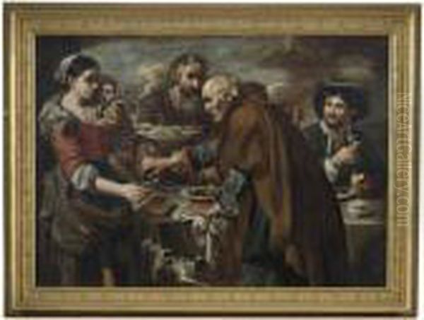 A Roman Street Scene With 
Peasants Eating And Drinking, Possibly Representing The Five Senses Oil Painting by Bernhard Keil, Monsu Bernardo