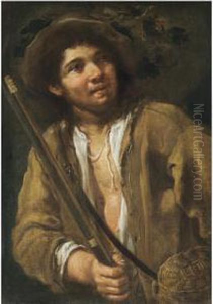 A Young Hunter, Half Length, Holding A Musket And A Basket Oil Painting by Bernhard Keil, Monsu Bernardo