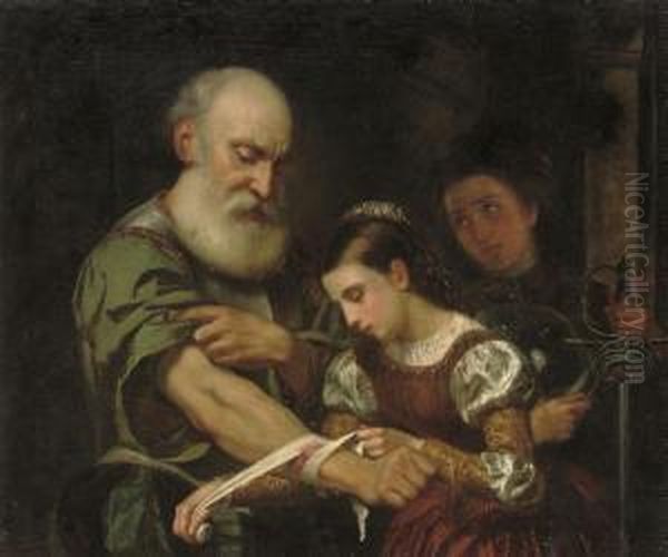 A Young Girl Binding The Wound Of An Old Man Oil Painting by Bernhard Keil, Monsu Bernardo