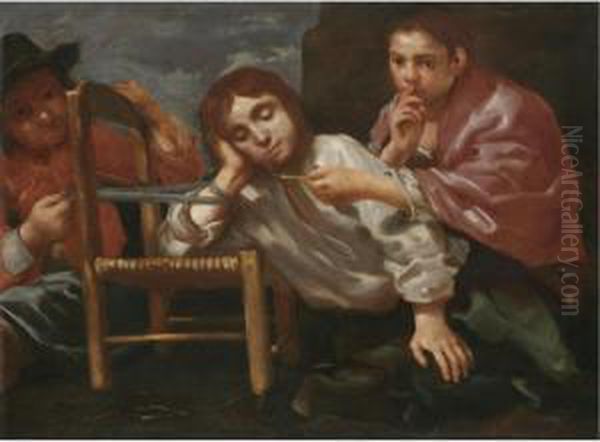 Two Children Playing A Practical Joke On A Sleeping Boy Oil Painting by Bernhard Keil, Monsu Bernardo