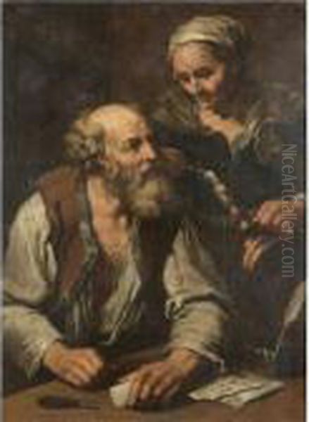 An Interior With An Elderly Lady
 Holding A Candle Looking Over The Shoulder Of An Elderly Gentleman 
Seated At A Table Oil Painting by Bernhard Keil, Monsu Bernardo