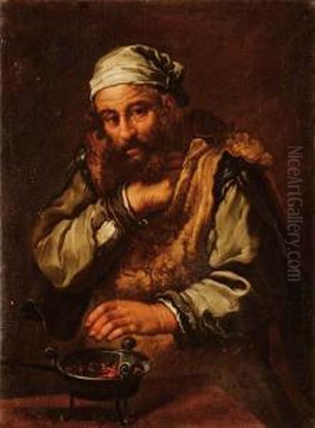 Vecchio Che Si Scalda A Un Braciere (l'inverno) Oil Painting by Bernhard Keil, Monsu Bernardo