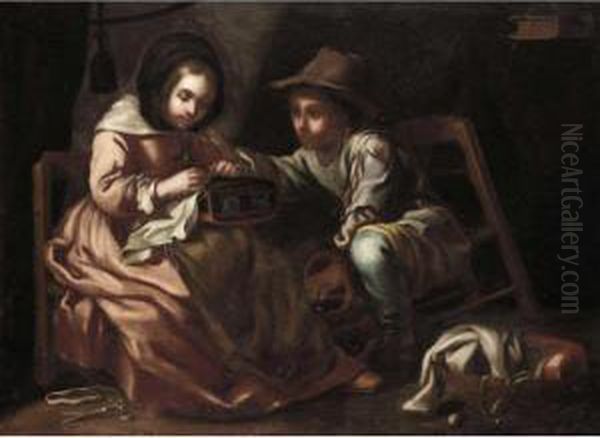 An Interior With A Young 
Seamstress Together With A Young Boy Carrying A Brazier, Possibly An 
Allegory Of Winter Oil Painting by Bernhard Keil, Monsu Bernardo