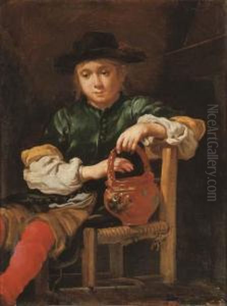 A Boy Seated Holding A Red Pot With His Left Hand Oil Painting by Bernhard Keil, Monsu Bernardo