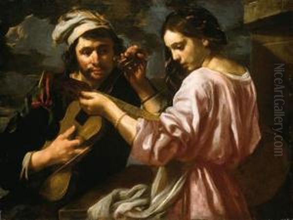 A Young Man And A Girl Tuning Musical Instruments Oil Painting by Bernhard Keil, Monsu Bernardo