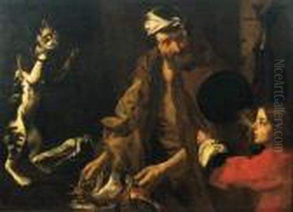 A Fishmonger, A Boy And A Cat Weighing A Piece Of Ham On A Set Ofscales Oil Painting by Bernhard Keil, Monsu Bernardo