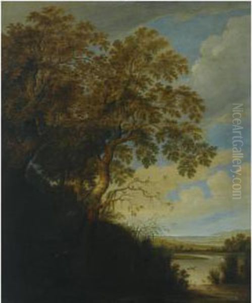 A Wooded River Landscape With 
Ducks Swimming In The Foreground, An Owl, A Hoopoe And Other Birds In 
The Tree Oil Painting by Alexander Keirincx