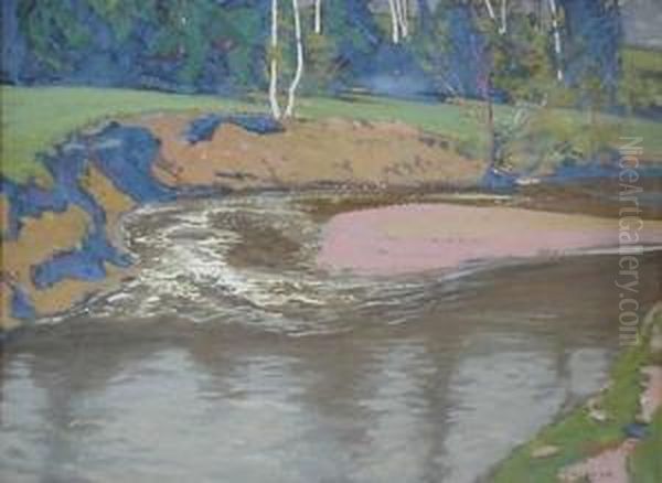 Landscape With Stream- Gouache 
On Paper, Signed Lower Right, Very Good Condition. 15 X 20'' Oil Painting by Henry George Keller