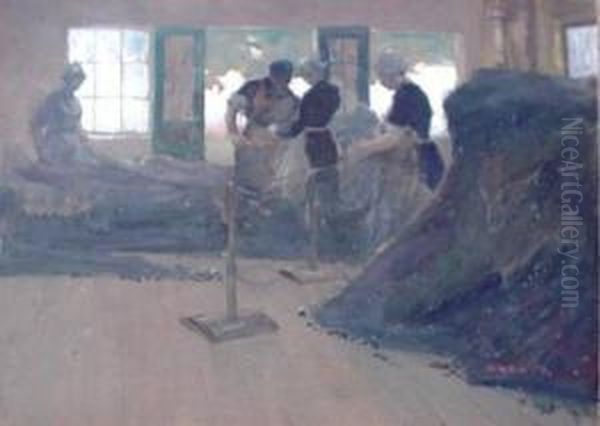 The Net Menders- Gouach On Brown
 Paper, Signed- Lower Right, Very Good Condition. 13 X 18 1/2'' Oil Painting by Henry George Keller