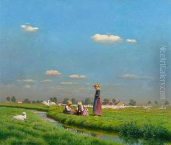 Landscape With Mother And Child And Geese. Oil Painting by Paul-Wilhelm Keller-Reutlingen
