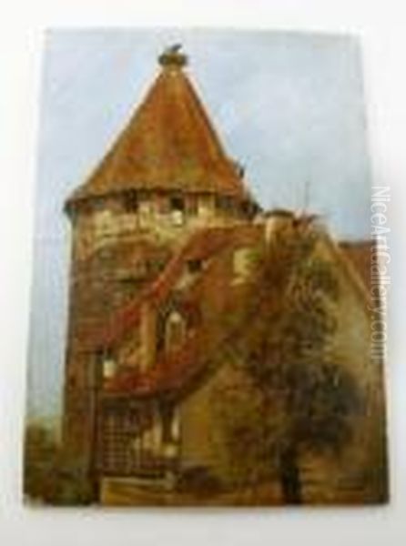Malerische Architekturstudie 
Eines Alten Stadtturms Mit Bekronendem Storchennest Und Seitlichem 
Fachwerkhausanbau In Einer Suddeutschen Kleinstadt Oil Painting by Paul-Wilhelm Keller-Reutlingen