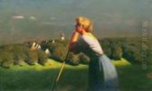 Junge Bauerin Schaut Bei 
Gewitterstimmung Von Einer Anhohe Aus Auf Ein Dorf Mit Herausragendem 
Kirchturm Oil Painting by Paul-Wilhelm Keller-Reutlingen