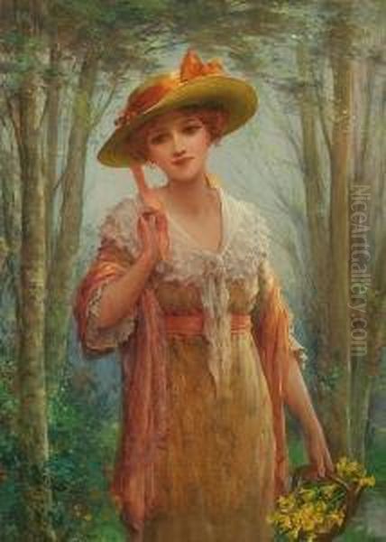 Lady Gathering Daffodils In A Wood Oil Painting by Sydney Percy Kendrick