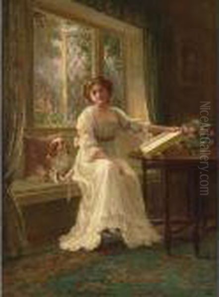 A Portrait Of A Young Lady With Her King James Spaniel In A Window Seat Oil Painting by Sydney Percy Kendrick