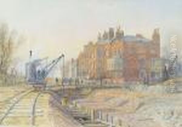 Bellevue House, Later 92, Cheyne
 Walk, Chelsea, Showing The Construction Of The New Bridge To Battersea Oil Painting by Frederick B. Kerr