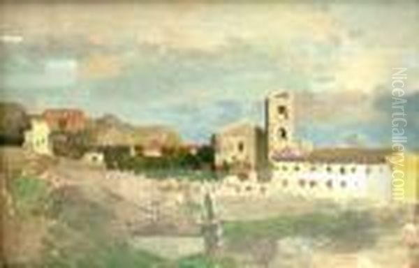 Scottish 1864/65-- View Of A 
Monastery On A Hill Top, Either In Italy Or Spain; Oil On Board, Bears 
Inscription In Pencil On The Back Board, 19x28cm Oil Painting by James Kerr-Lawson