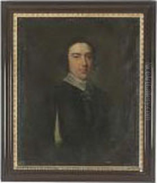 Portrait Of A Gentleman, 
Bust-length, In A Blue Coat With White Collar And Slashed Sleeves, 
Feigned Oval Oil Painting by Tilly Kettle