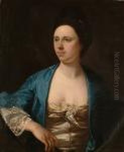 Portrait Of An Elegant Lady, 
Half-length, Wearing A Blue Silk Gown With Lace Cuffs And Pearl And Lace
 Detail On Her Bodice, In A Painted Oval. Oil Painting by Tilly Kettle