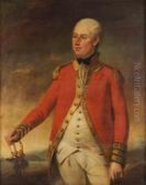 Portrait Of An Officer Of The 
Foot Guards, Standing Three-quarter-length, In A Scarlet Frock Coat, 
With His Hand Resting On The Hilt Of His Sword, A View To A Landscape 
Beyond Oil Painting by Tilly Kettle