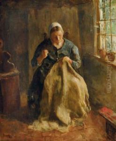 Sewing In An Interior Oil Painting by Jacob Simon Hendrik Kever