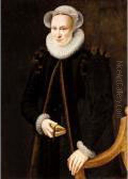 A Portrait Of A Lady, 
Three-quarter Length, Wearing A Black Coat And A White Ruff, Holding A 
Book Oil Painting by Adriaen Thomasz. Key