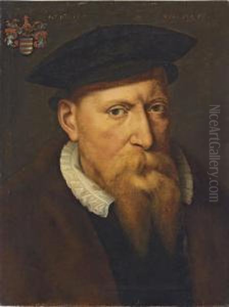 Portrait Of A Robert De Croy, 
Bishop Of Cambrai (d. 1556), Bust-length, In A Black Hat And Doublet, 
With A Lace Collar And A Fur Mantle Oil Painting by Willem Adriaensz Key