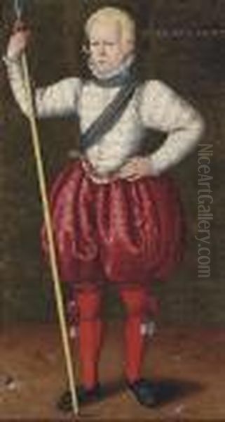 Portrait Of A Young Man, 
Full-length, In A White Embroidered Doublet And Red Pantaloons, A Pike 
In His Right Hand Oil Painting by Willem Adriaensz Key
