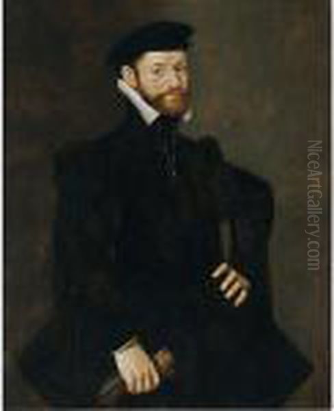 A Portrait Of A Bearded 
Gentleman, Aged 31, Standing Three-quarter Length, Wearing A Black Coat,
 Holding Gloves In His Right Hand Oil Painting by Willem Adriaensz Key