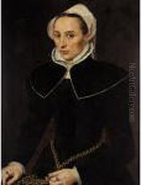 A Portrait Of A Lady, 
Three-quarter Length, Wearing A Black Dress With A White Collar And 
Headdress, Holding A Gold Chain Oil Painting by Willem Adriaensz Key