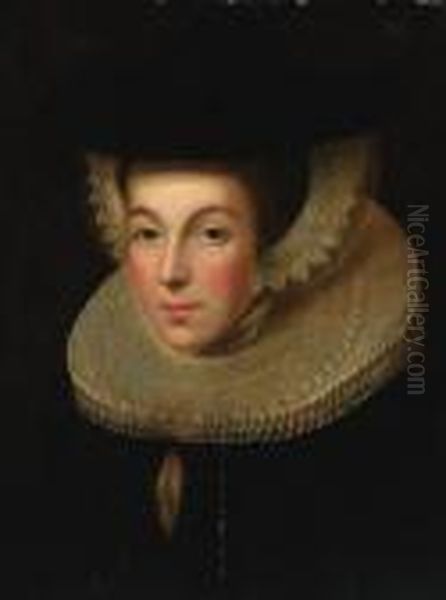 Portrait Of A Lady, Bust-length, In A Black Dress With A Ruff,wearing A Black Hat Oil Painting by Willem Adriaensz Key