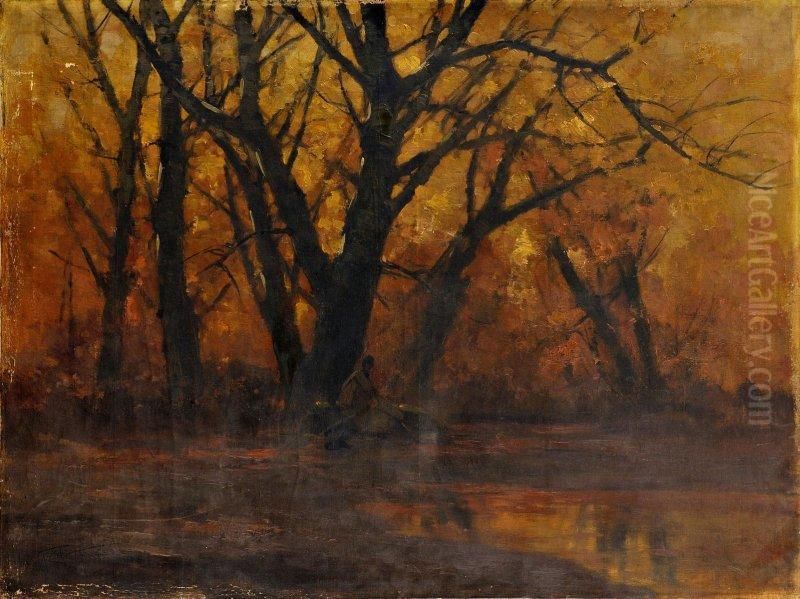 Lesna Krajina S Rybarom Oil Painting by Lazlo Kezdy Kovacs