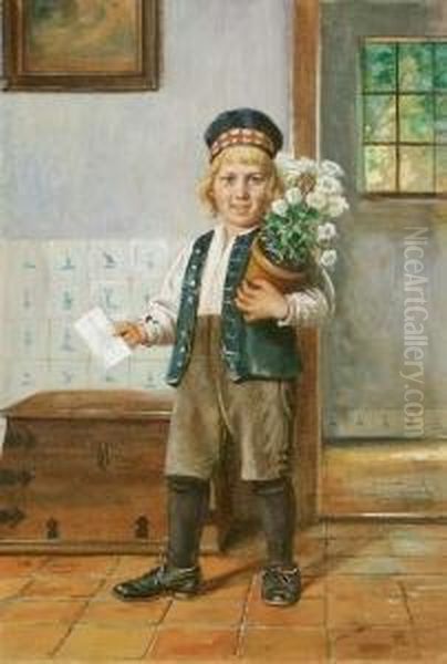 Der Gratulant (junge Mit 
Blumentopf Und Brief Fur Grospapa). Aquarell Auf Karton. 41 X 28,5 Cm. 
Signiert. Unter Glas Gerahmt. Oil Painting by Otto Karl Kirberg