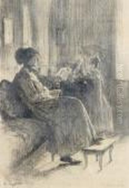 Interieur Mitmutter Und Tochter, 
Bleistiftzeichnung Oil Painting by Eugen Kirchner