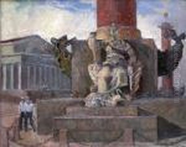 Les Deux Colonnes Rostrales De L'ile Vasilevsky Devant L'ancienne
 Bourse De Leningrad  Oil Painting by Alexander Alexandrovich Kiselev