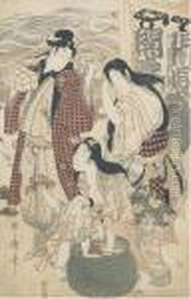 A Sheet From An Oban Triptych Oil Painting by Kitagawa Utamaro