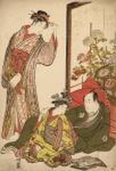 A Charming Scene Of The Actor 
Ichikawa Monnosuke Ii Lying Against A Bed In Front Of A Standing Screen 
Decorated With Chrysanthemums, He Has One Hand On The Shoulder Of A Oil Painting by Torii Kiyonaga