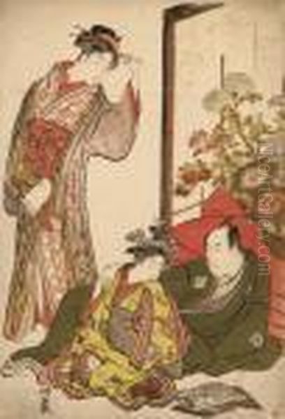 A Charming Scene Of The Actor 
Ichikawa Monnosuke Ii Lying Against A Bed In Front Of A Standing Screen 
Decorated With Chrysanthemums, He Has One Hand On The Shoulder Of A 
Kamuro Seated In Front Of Him While She Clasps His Hand With One Of 
Hers, An  Oil Painting by Torii Kiyonaga